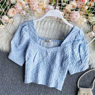 Square-neck Short-sleeve Crinkled Top