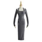 Long-sleeve Halter-neck Tie-waist Knit Midi Sheath Dress