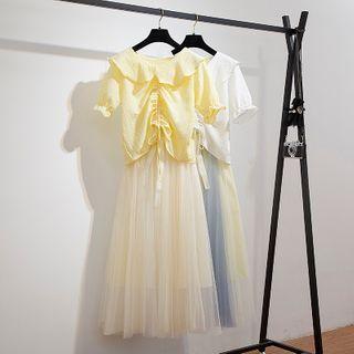 Set: Drawstring Ruched Short-sleeve Blouse + Midi A-line Mesh Skirt