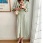 Collared Pleated Maxi Wrap Dress