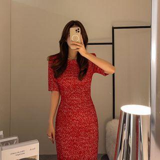 Elbow-sleeve Tweed Long Sheath Dress