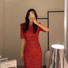 Elbow-sleeve Tweed Long Sheath Dress