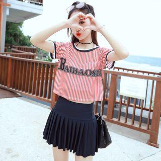 Set: Striped Bikini + T-shirt + Skirt