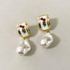 Rose Freshwater Pearl Alloy Dangle Earring Type A - 1 Pair - Gold - One Size