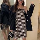 Plain Blazer / Checkerboard Spaghetti Strap Dress