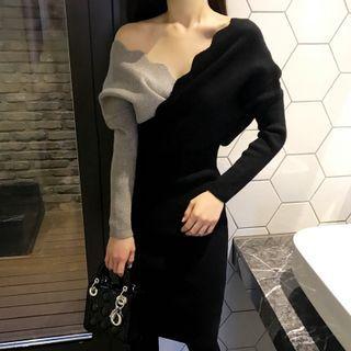Long-sleeve V-neck Color-block Knit Dress