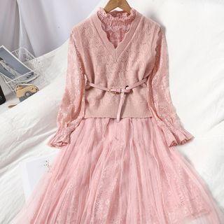 Set: Pointelle Knit Sweater Vest + Long-sleeve Lace Midi A-line Dress