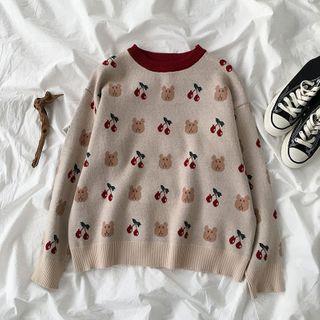 Cartoon Bear Jacquard Sweater Brown - One Size