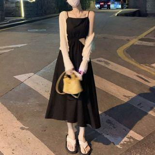 Spaghetti-strap Cut-out Midi A-line Dress / Cardigan