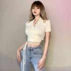 Short-sleeve Collar Cut-out Lace Up Cropped T-shirt