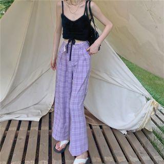Knit Drawstring Camisole / Plaid Wide-leg Pants