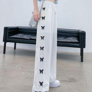 Butterfly Print Drawstring-cuff Wide Leg Pants