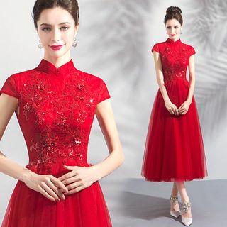 Sequined Cap-sleeve Midi Cocktail Dress