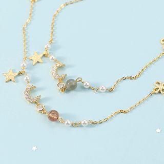 Faux Pearl Rhinestone Alloy Moon & Star Bracelet