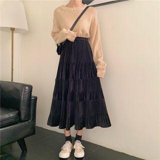 Ribbed Midi A-line Tiered Skirt
