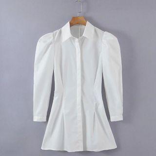 Plain Long-sleeve Mini Polo Shirtdress