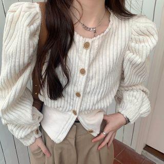 Puff-sleeve Plain Ribbed Top