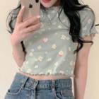 Floral Print Short-sleeve Cropped T-shirt Mint - One Size