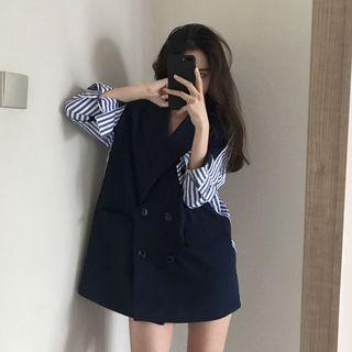Two-tone Double-breasted Jacket Dark Blue - One Size