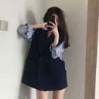 Two-tone Double-breasted Jacket Dark Blue - One Size