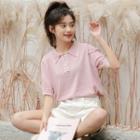 Short-sleeve Knit Polo Shirt Pink - One Size