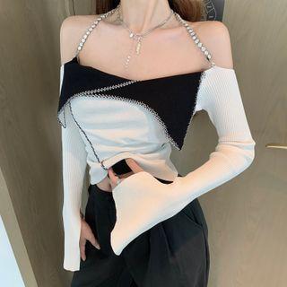Long-sleeve Off-shoulder Rhinestone Knit Top
