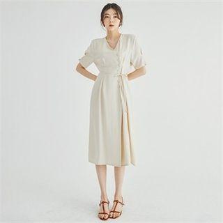 Buttoned Wrap-front Pleated Long Dress