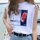 Printed Sleeveless Loose-fit Slit-back T-shirt