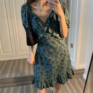 Floral Print Ruffled Puff-sleeve Mini A-line Dress As Shown In Figure - One Size