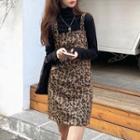 Long-sleeve Mock-neck Top / Spaghetti Strap Leopard Print Mini Sheath Dress
