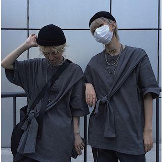 Couple Matching Tie-front Short-sleeve T-shirt Gray - One Size