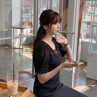 Square-neck Ruffle-hem Long Dress Black - One Size