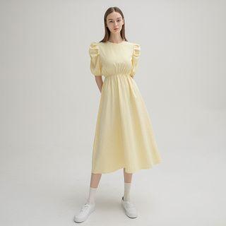 Puff-sleeve Shirred Midi Gingham Dress