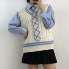Long-sleeve Shirt / Knit Vest / Pleated Mini Skirt