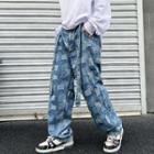 Washed Checkered Straight Leg Jeans