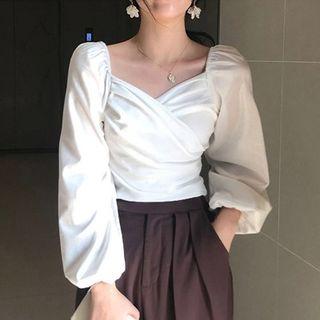 Plain V-neck Velvet Slim-fit Puff-sleeve Blouse