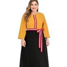 Plus Size Long-sleeve Color Block Bow Accent Midi A-line Dress