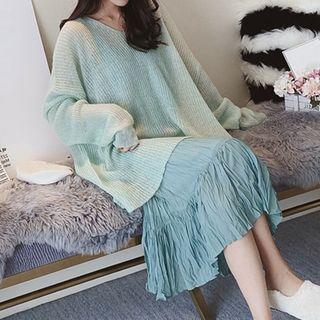Set: Spaghetti Strap Crinkled Midi Dress + Long-sleeve Perforated Knit Top