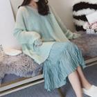 Set: Spaghetti Strap Crinkled Midi Dress + Long-sleeve Perforated Knit Top