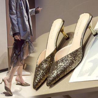 Sequined Pointed Toe Kitten Heel Mules
