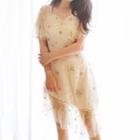 Frilled Short-sleeve Sequined Mesh Dress