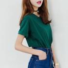 Short-sleeve Plain T-shirt Dark Green - One Size