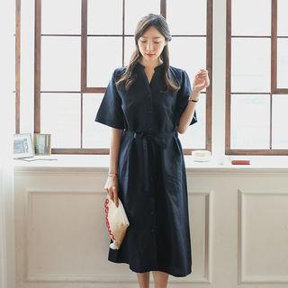 Mandarin-collar Linen Long Shirtdress