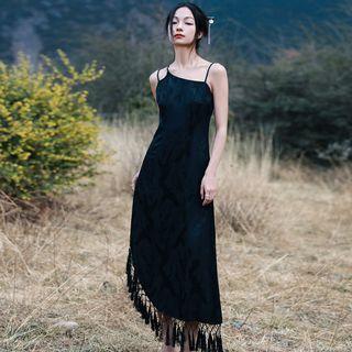 Spaghetti Strap Fringe Trim Midi A-line Dress