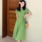 Short-sleeve Midi A-line Dress Green - One Size
