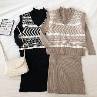 Set: V-neck Patterned Knit Vest + Mock-turtleneck Midi Ribbed Knit Dress