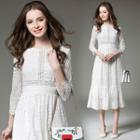 3/4-sleeve Tie-waist Crewneck A-line Cutout Slim Lace Sheath Dress