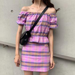 Set: Short-sleeve Frill Trim Plaid Top + A-line Mini Skirt As Shown In Figure - One Size