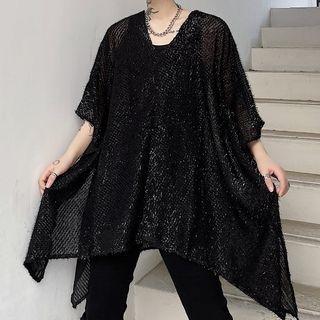 Elbow-sleeve Glittered Mesh T-shirt