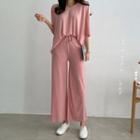 Set: Elbow-sleeve Ribbed Top + Band-waist Pants